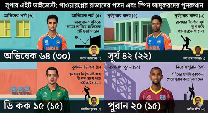 সুপার এইট ডাইজেস্ট: পাওয়ারপ্লে-র রাজাদের পতন এবং স্পিন জাদুকরদের পুনরুত্থান